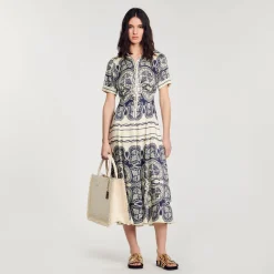 Robes*SANDRO Robe Longue Imprimée Beige / Marine