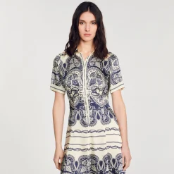 Robes*SANDRO Robe Longue Imprimée Beige / Marine