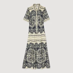 Robes*SANDRO Robe Longue Imprimée Beige / Marine