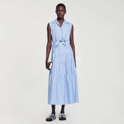 Robes*SANDRO Robe Longue Nouée Ornée De Strass Bleu Ciel