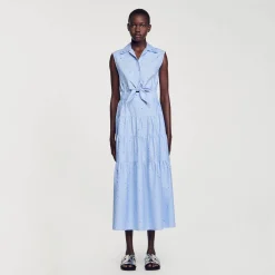 Robes*SANDRO Robe Longue Nouée Ornée De Strass Bleu Ciel