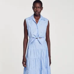 Robes*SANDRO Robe Longue Nouée Ornée De Strass Bleu Ciel