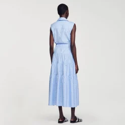 Robes*SANDRO Robe Longue Nouée Ornée De Strass Bleu Ciel