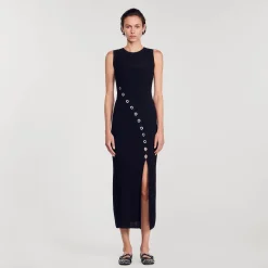 Robes*SANDRO Robe Longue Ornée De Bijoux Strassés Noir