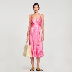 Ensembles|Robes*SANDRO Robe Midi à Ceinture Nouée Rose / Rouge
