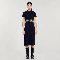 Robes*SANDRO Robe Midi à Découpes Strassées Noir