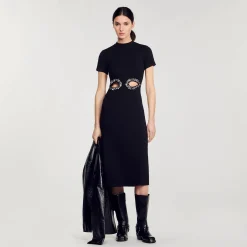 Robes*SANDRO Robe Midi à Découpes Strassées Noir