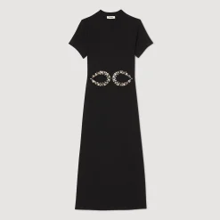 Robes*SANDRO Robe Midi à Découpes Strassées Noir