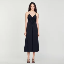 Robes*SANDRO Robe Midi à Fines Bretelles Noir