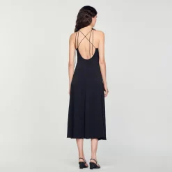 Robes*SANDRO Robe Midi à Fines Bretelles Noir