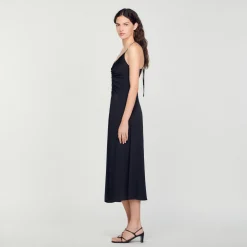 Robes*SANDRO Robe Midi à Fines Bretelles Noir