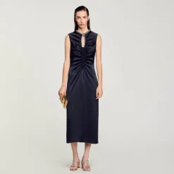 Robes*SANDRO Robe Midi à Strass Marine