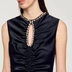 Robes*SANDRO Robe Midi à Strass Marine