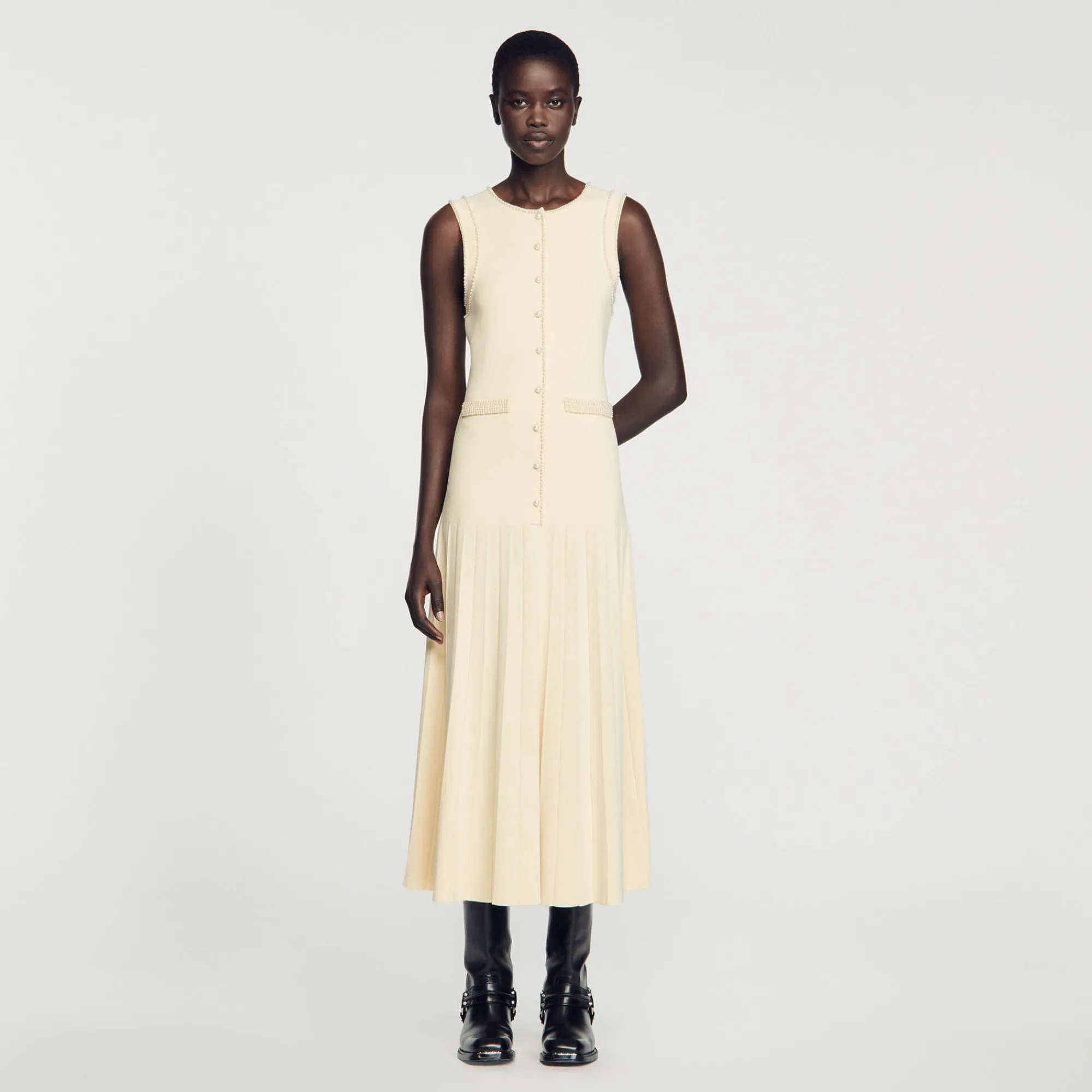 Robes*SANDRO Robe Midi En Maille Beige
