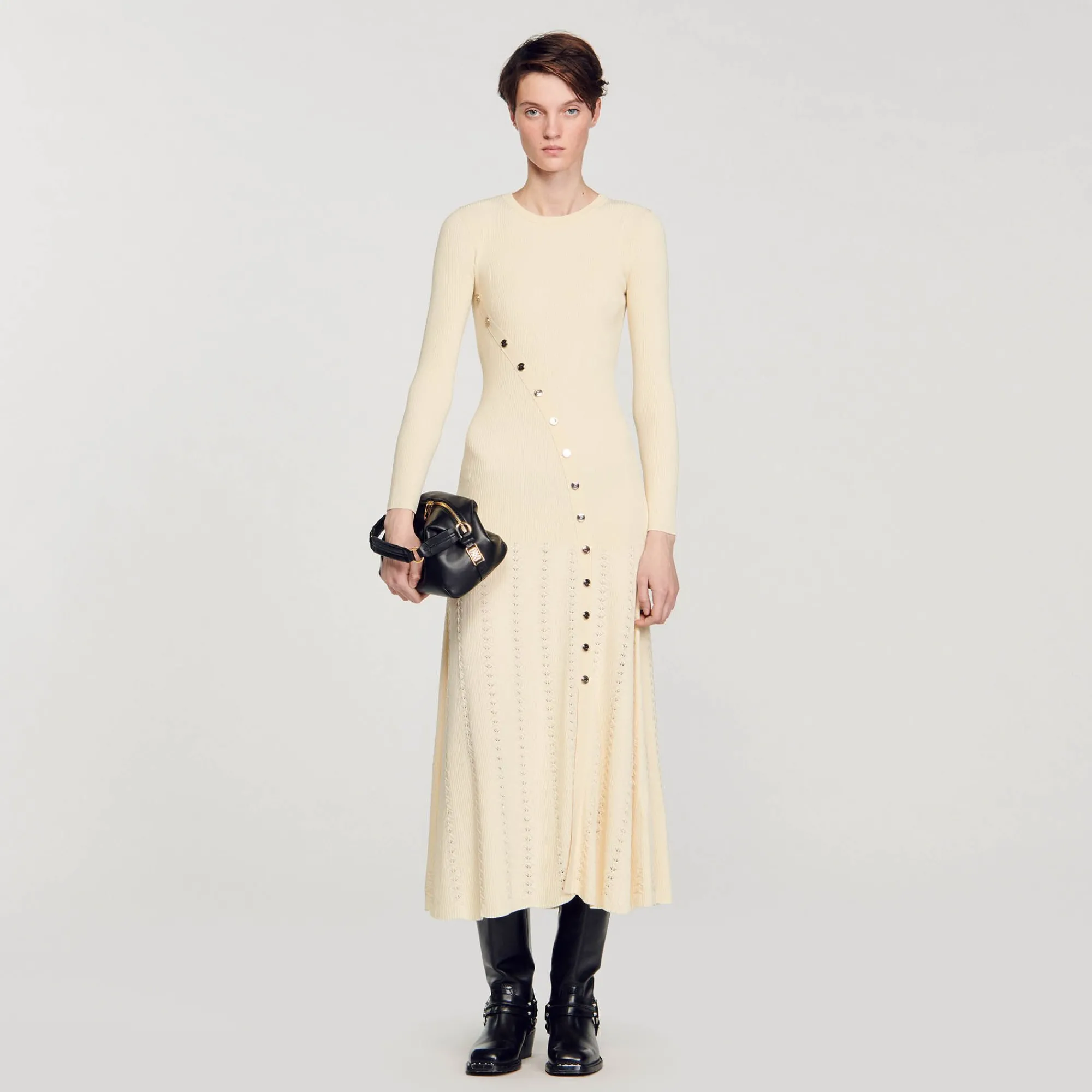 Robes*SANDRO Robe Midi En Maille Beige