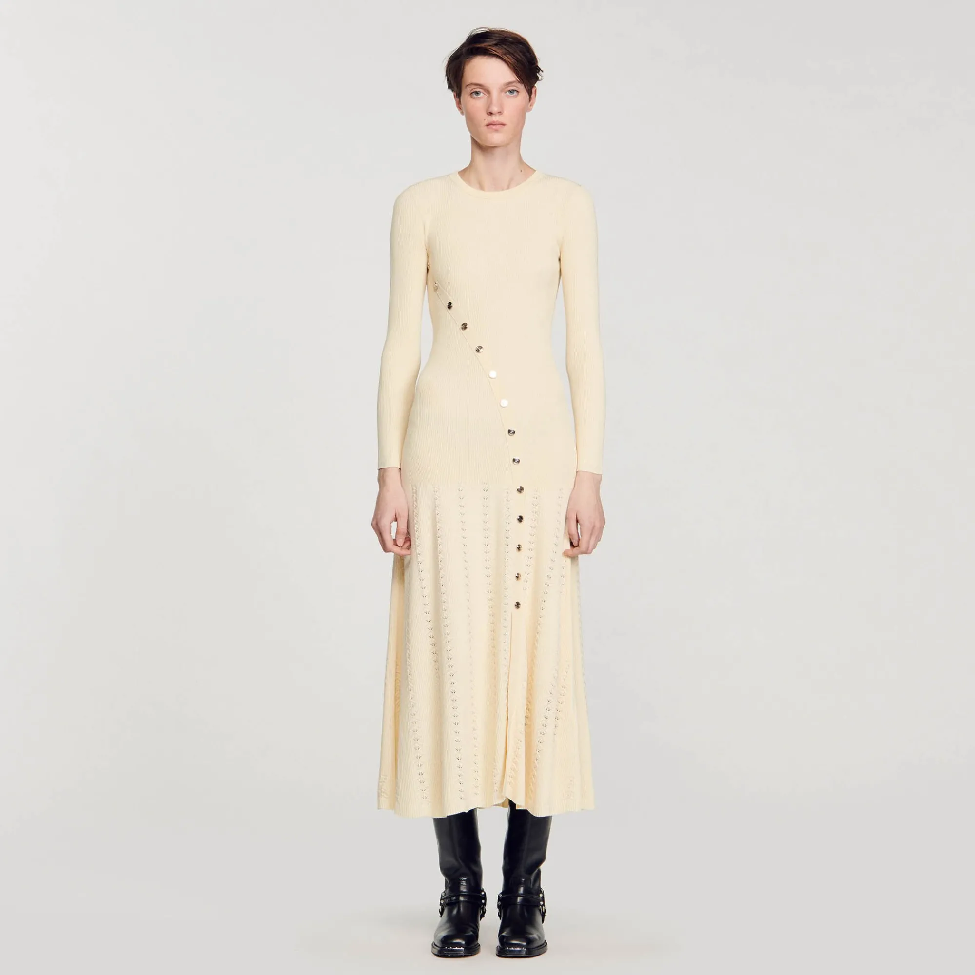 Robes*SANDRO Robe Midi En Maille Beige