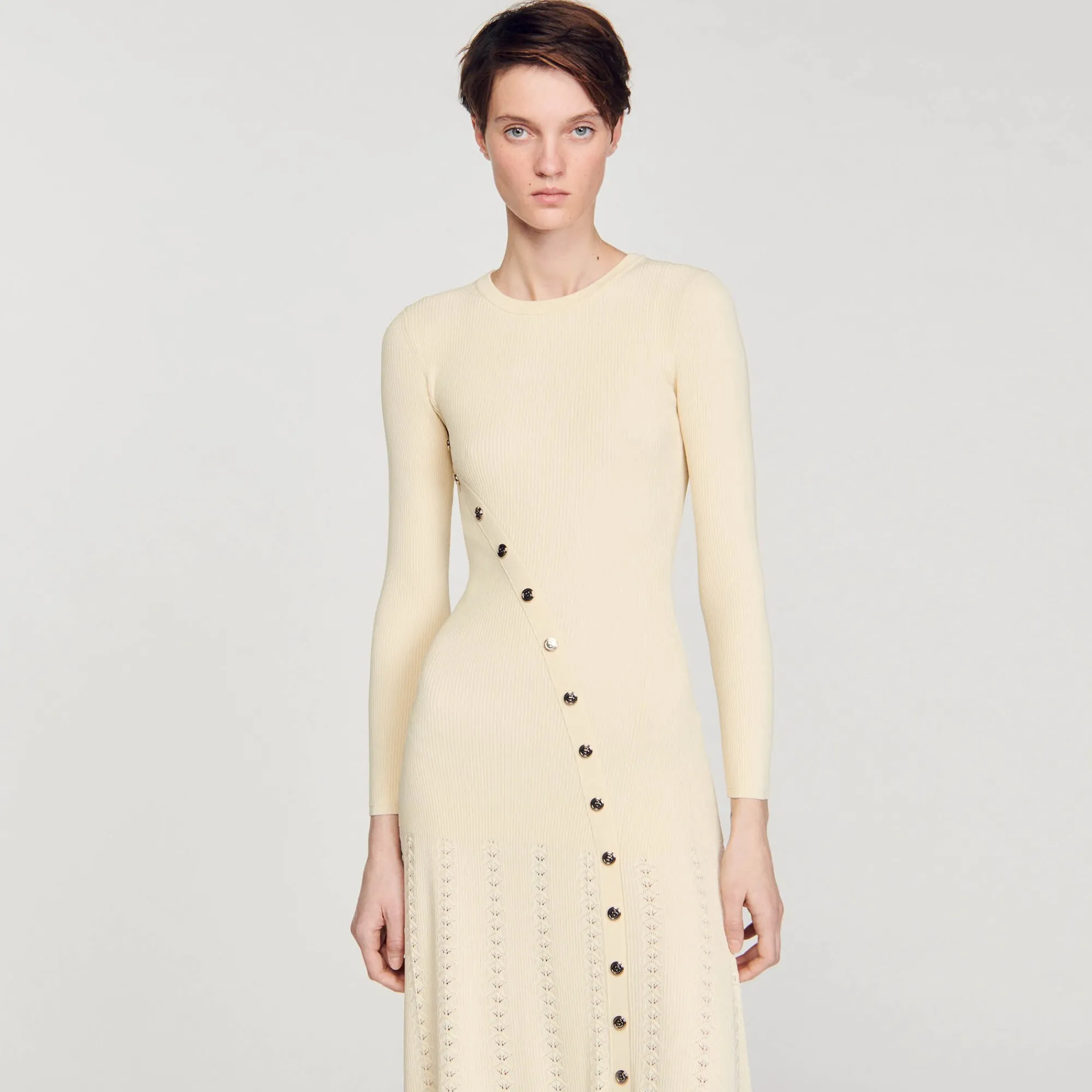 Robes*SANDRO Robe Midi En Maille Beige