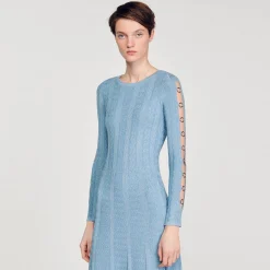 Robes*SANDRO Robe Midi En Maille à Manches Longues Bleu Ciel