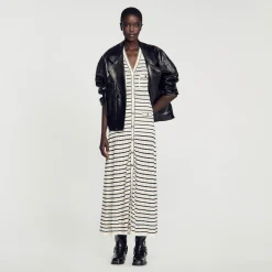 Robes*SANDRO Robe Midi En Maille à Rayures Blanc / Noir