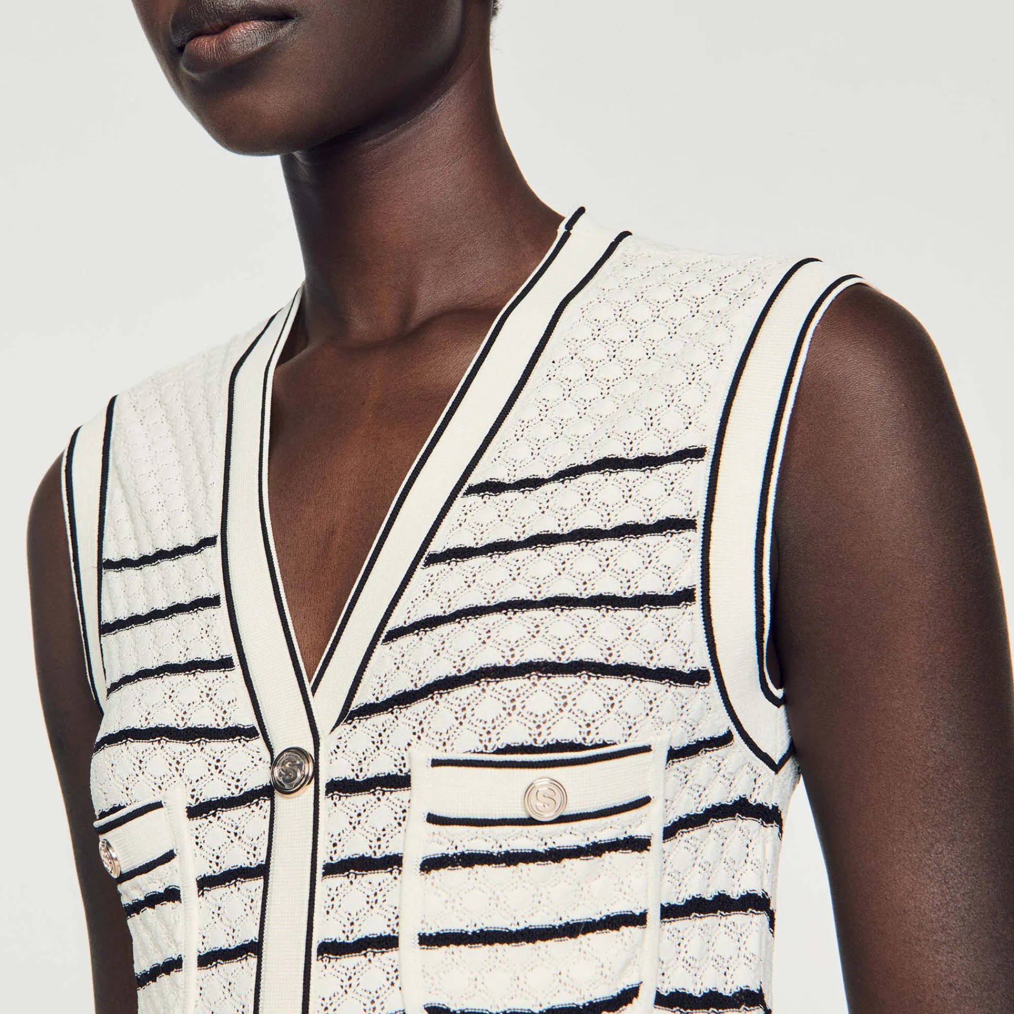 Robes*SANDRO Robe Midi En Maille à Rayures Blanc / Noir