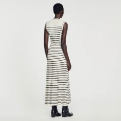 Robes*SANDRO Robe Midi En Maille à Rayures Blanc / Noir