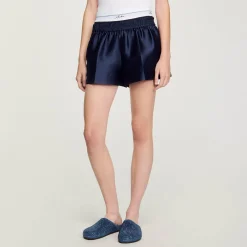 Jupes & Shorts*SANDRO Short Effet 2 En 1 En Satin Bleu Nuit