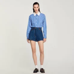 Ensembles|Jupes & Shorts*SANDRO Short En Jean Détails En Cuir Bleu