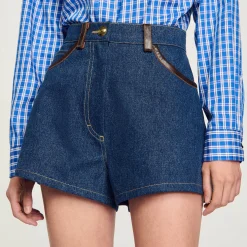 Ensembles|Jupes & Shorts*SANDRO Short En Jean Détails En Cuir Bleu