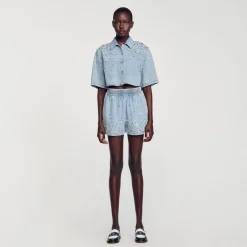 Ensembles|Jupes & Shorts*SANDRO Short Large En Denim Orné De Strass Bleu jean clair