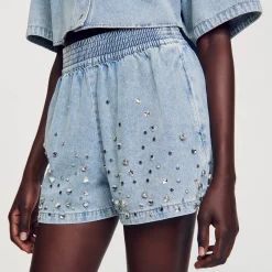 Ensembles|Jupes & Shorts*SANDRO Short Large En Denim Orné De Strass Bleu jean clair