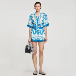 Jupes & Shorts*SANDRO Short Large Imprimé Bleu / Blanc