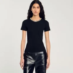 T-Shirts*SANDRO Tee-shirt à Galon Strassé Noir