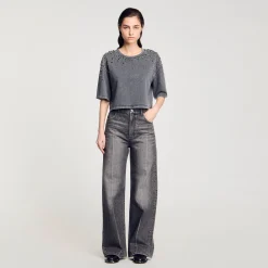 T-Shirts*SANDRO Tee-shirt Court à Strass Gris