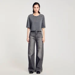 T-Shirts*SANDRO Tee-shirt Court à Strass Gris