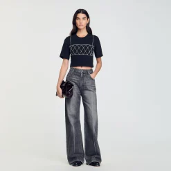 T-Shirts*SANDRO Tee-shirt Court Strassé Noir