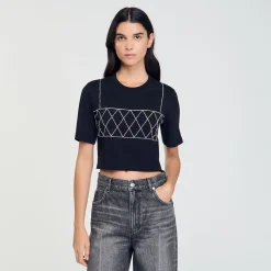 T-Shirts*SANDRO Tee-shirt Court Strassé Noir