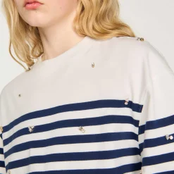 T-Shirts*SANDRO Tee-shirt Marinière à Strass Bleu / Blanc