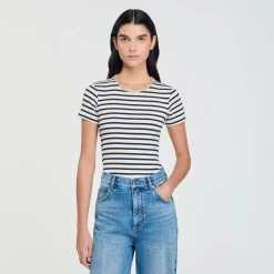 T-Shirts*SANDRO Tee-shirt Rayé à Strass Bleu / Blanc