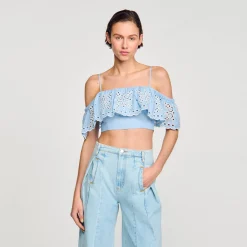 Tops & Chemises*SANDRO Top Court à Volant Bleu Ciel