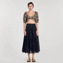Tops & Chemises*SANDRO Top Court En Broderie Anglaise Beige / Noir