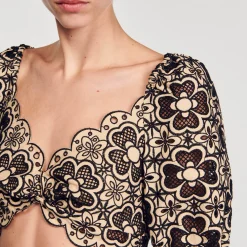 Tops & Chemises*SANDRO Top Court En Broderie Anglaise Beige / Noir