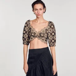 Tops & Chemises*SANDRO Top Court En Broderie Anglaise Beige / Noir