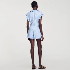 Ensembles|Tops & Chemises*SANDRO Top Court Volanté à Rayures Bleu / Blanc