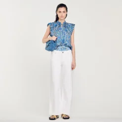 Tops & Chemises*SANDRO Top Imprimé En Soie Bleu / Blanc