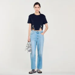 T-Shirts*SANDRO T-shirt Court Orné De Strass Bleu marine