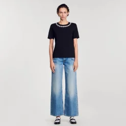 T-Shirts*SANDRO T-shirt En Coton Biologique Col Bijou Noir