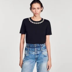 T-Shirts*SANDRO T-shirt En Coton Biologique Col Bijou Noir