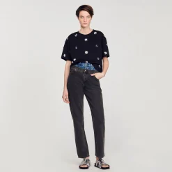 T-Shirts*SANDRO T-shirt Orné De Sequins Fleurs Noir