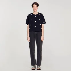 T-Shirts*SANDRO T-shirt Orné De Sequins Fleurs Noir