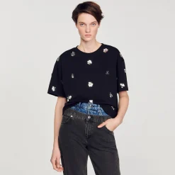 T-Shirts*SANDRO T-shirt Orné De Sequins Fleurs Noir
